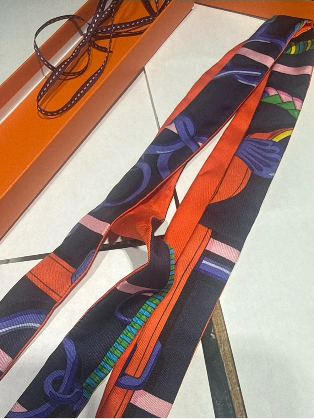 HERMES Twillon Scarf Silk Navy/Orange Original Box Great Gift